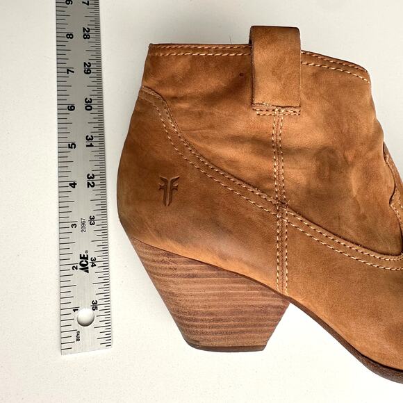 Frye Reina Cognac Nubuck Side Zip Stack Wood Heel Cowboy Western Ankle Boots 10 - Picture 12 of 12